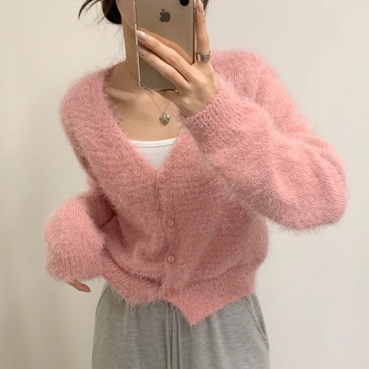 [7 color] 웨더 브이넥 퍼 가디건 / 솔잎퍼 간절기 봄 가디건 앙고라 여리핏 벚꽃 수학여행 시크 로맨틱룩 데이트룩 상세 이미지 8