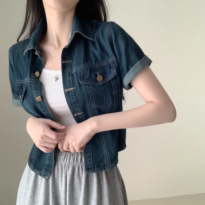 여름자켓종결🖤[데일리템!] 라이킷 라이드 투포켓 크롭 반팔 데님 셔츠 남방 청자켓 긴팔버전 추가 간절기 데님 아우터 상세 이미지 5