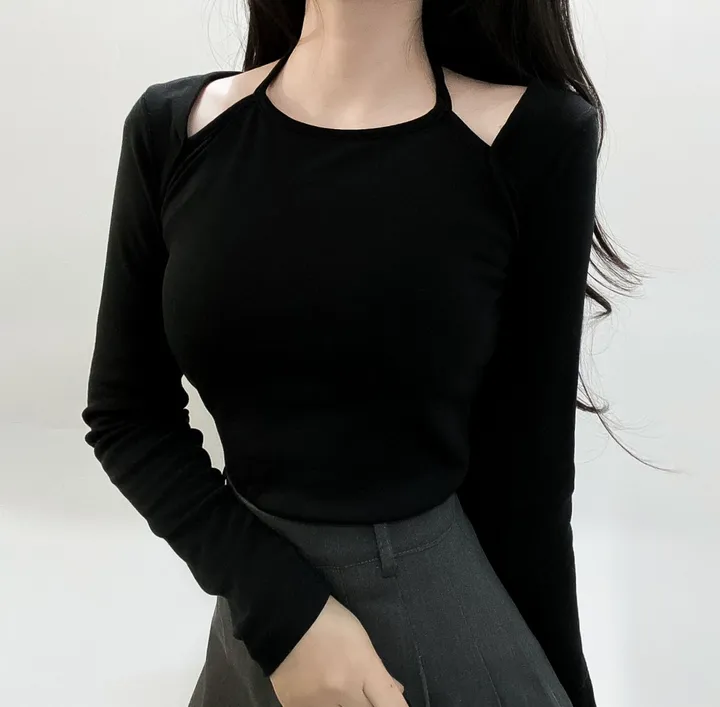 봄신상🌺 [모델강추/3color] 홀터넥 리본 스트랩 어깨 트임 티셔츠 상세 이미지 9