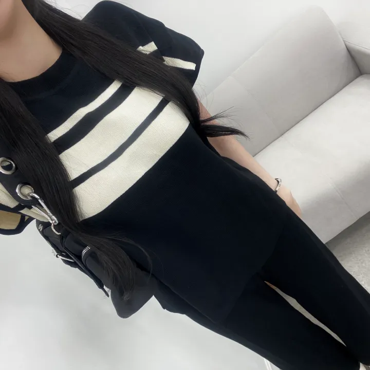 [set/1탄!]배색 니트 반팔 롱 와이드 팬츠 투피스 트레이닝 세트 2color 상세 이미지 10