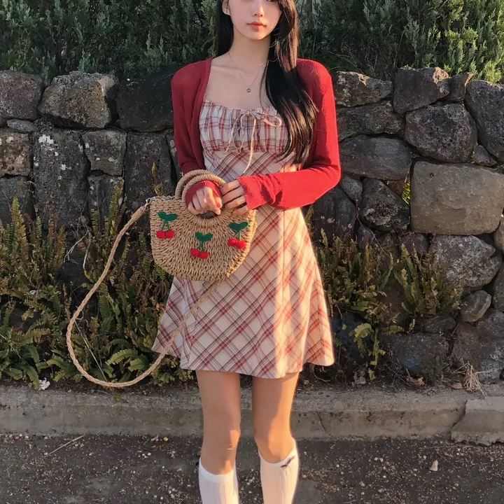 [세트가격❤️/예쁨보장!] 린넨 체크 셔링 리본 플레어 a라인 볼레로 크롭 가디건 원피스 투피스 세트;3color <여행룩/길이오절/핏존예!> 상세 이미지 20