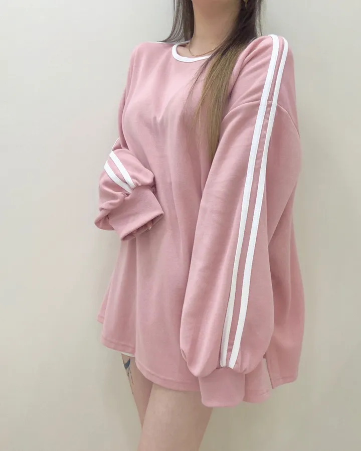[여름까지쭉/루즈핏]캔디 두줄 라인 입술넥 배색 오버핏 긴팔 티셔츠+밴딩 하이웨스트 돌핀 숏팬츠 투피스 트레이닝 세트 4color 상세 이미지 30