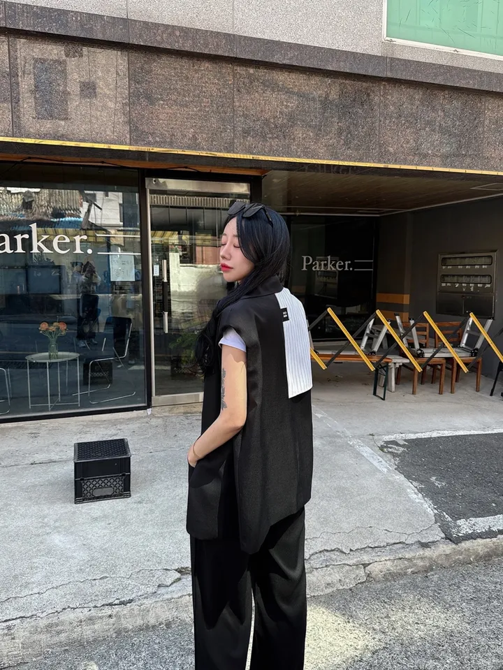 [패드내장/뒷패치/세트가] 왕 패드 포켓 패치 루즈핏 배색 스트라이프 베스트 조끼 린넨 자켓 + 하이 롱 와이드팬츠 슬랙스 투피스 셋업 (2COLOR) 상세 이미지 16