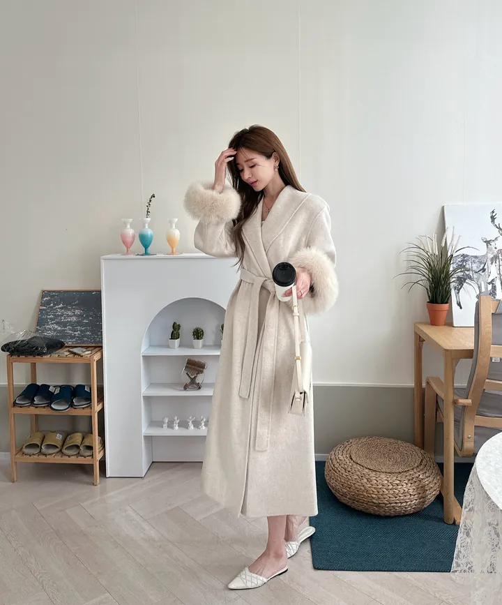 🚀오늘출발 [3color] 프리미엄 리얼 사가 폭스 소매 퍼 트리밍 로브 벨트 핸드메이드 울 롱 코트 상세 이미지 7