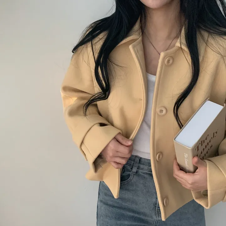 봄가을 크롭재킷 오버핏 아이보리 블랙 싱글버튼 숏코트 상세 이미지 17