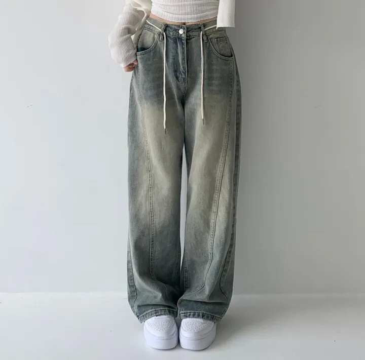 [색감깡패🖤/끈탈부착O] 미드나잇 뒷밴딩 스트링 스트랩 하이웨스트 절개라인 빈티지 워싱 롱 와이드 데님 팬츠 밴딩바지 청바지 사계절청바지 상세 이미지 12