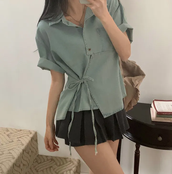 [단독판매🤍/리본포인트!] 데님 사이드 리본 포인트, 루즈핏 카라셔츠 남방 - 2color 상세 이미지 19