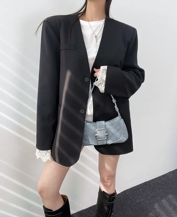 *핏대박레이스자켓* 봄옷 자켓 오버핏 레이어드 레이스 노카라 자켓 박시핏 봄아우터 봄자켓 레이스자켓 상세 이미지 4