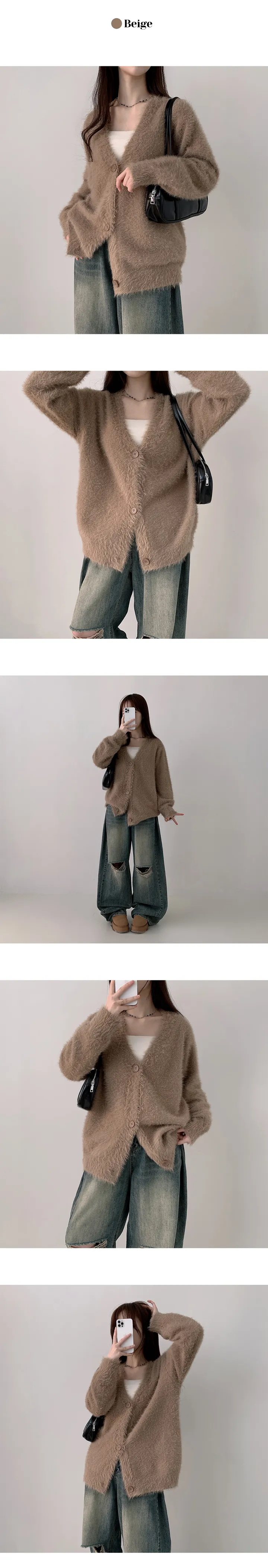 [보들촉감/여리무드] 피럴 오버핏 브이넥 솔잎 앙고라 니트 가디건 (4color) 상세 이미지 15