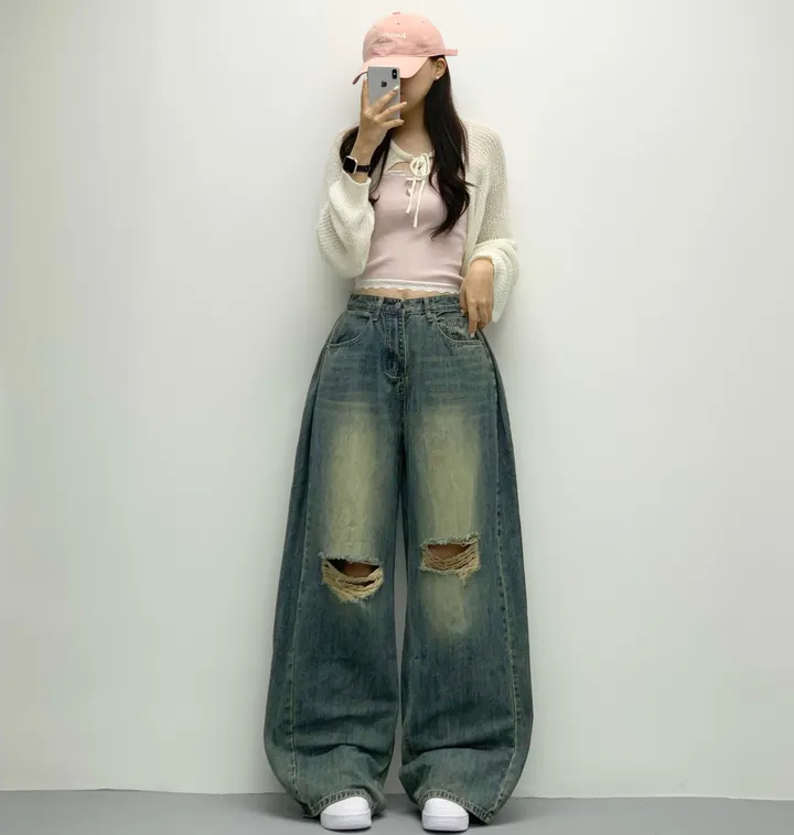 당일🚀[숏,롱/~XL/찐인생바지] 슬릿 찢청 폴딩 빈티지워싱 벌룬핏 옆핀턱 와이드팬츠 무릎트임 데님 청바지 기장선택 빅사이즈까지 오버핏팬츠 여름청바지 상세 이미지 14