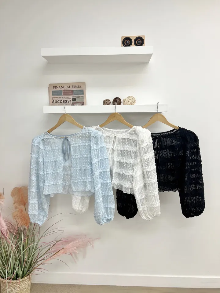🩵공쥬핏+어깨패드O🩵쉬폰 퍼프 땡땡이 볼레로 가디건 (3COLOR) 시스루 프릴가디건 휴양지룩 여행룩 볼레로블라우스 상세 이미지 21