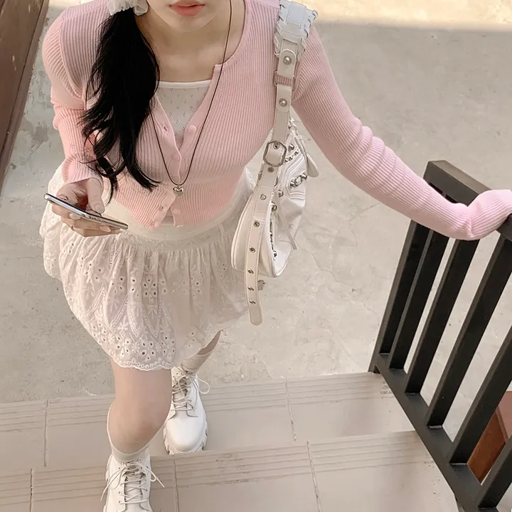 [고퀄!청순여리핏🤍] 러블리색감~ 파스텔 허리잘록 골지 슬림핏 봄여름 긴팔 크롭 니트가디건 소라 딸기우유 여름쿨톤 추천 벚꽃룩 상세 이미지 15