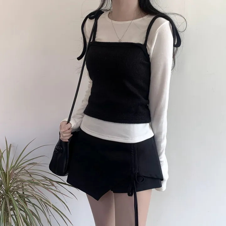 [2ps🎀/퀄리티보장] 레이어드 스트랩 리본 뷔스티에 기모 티셔츠 set 상세 이미지 9