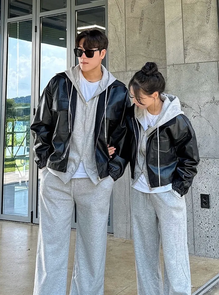 크롭&오버/세트가능 커플 크롭 레더 자켓 후드 집업 가죽 자켓 겨울 봄 가을 커플룩 커플 시밀러룩 꾸안꾸 트레이닝 세트 남자 코디 오버핏 남녀공용 데이트 빅사이즈 상세 이미지 6