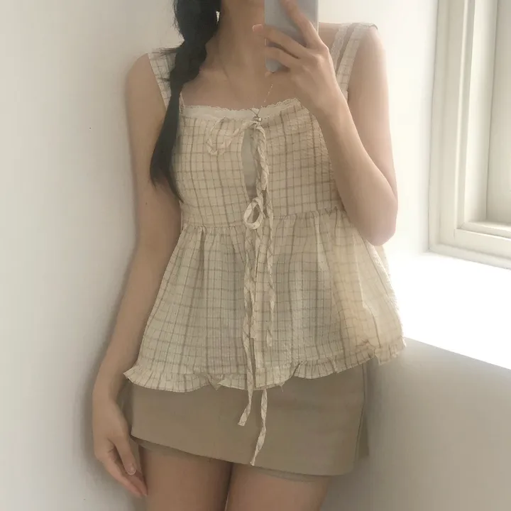[레이어드템!]러블리 체크 리본 뷔스티에 나시 블라우스 2color 상세 이미지 19