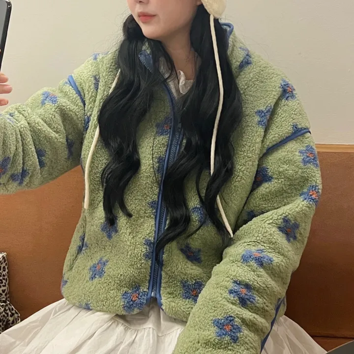 플라워 뽀글이 누빔 후리스 집업 상세 이미지 8