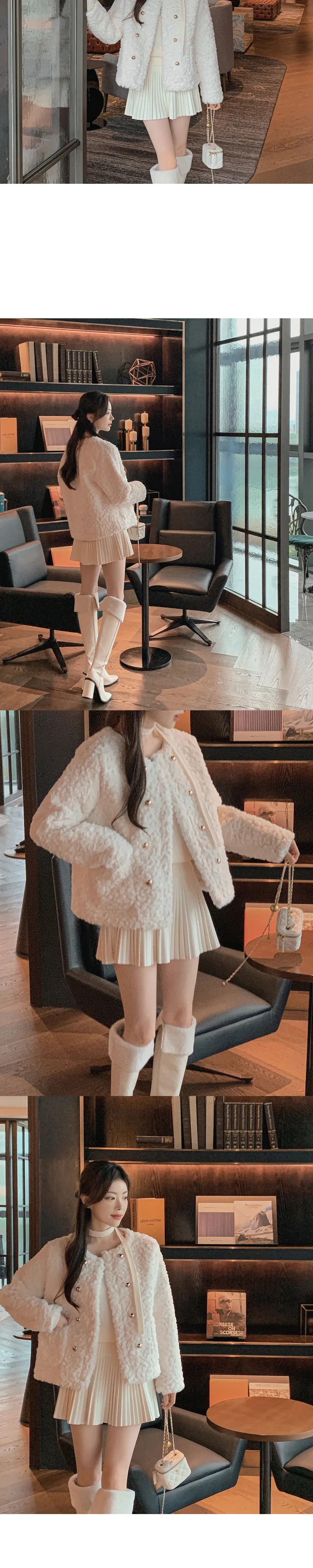 [고퀄/퍼자켓/하객룩] 로민 노카라 라운드넥 금장버튼 더블버튼 포켓 페이크퍼 오픈 자켓 상세 이미지 12