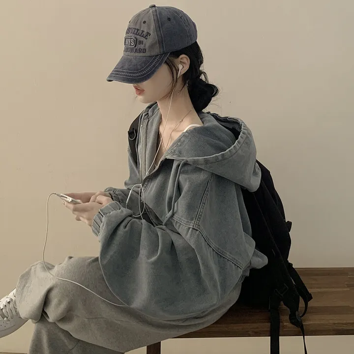[왕박시/아방핏✨] 데님 빅후드 투웨이 청자켓 후드집업 숏점퍼 연청 흑청 개강룩 캠퍼스룩 빅사이즈 상세 이미지 4