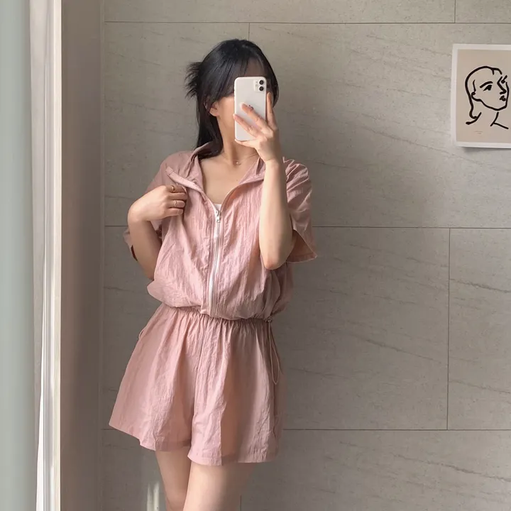 [바스락트레이닝set!/데일리4컬러] 여름 시원한 운동복 바스락 5부 트레이닝복 루즈핏 포켓 하이넥 바람막이 윈드브레이커 무지 스트링 밴딩 반바지 트레이닝 아노락 세트 셋업 상세 이미지 14
