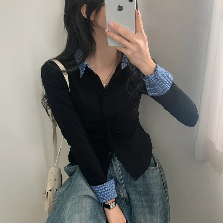 [일체형!/말라핏] 레이디 체크 셔링 레이어드 롱슬리브 버튼 긴팔티셔츠 - 4color 상세 이미지 22