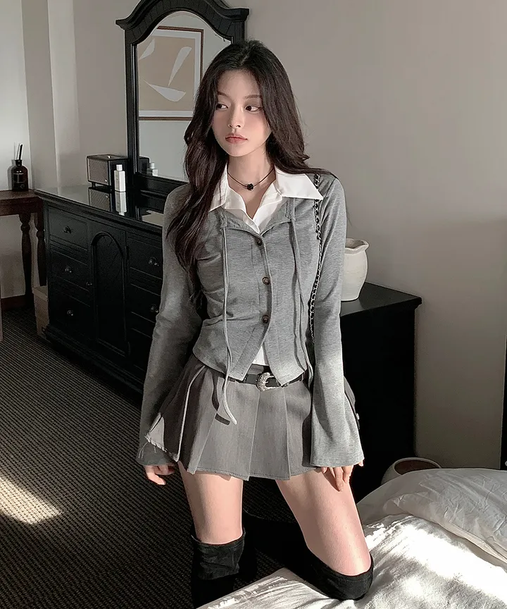 [반팔/긴팔❄일체형💗고퀄ver] 칠리 셔츠 가디건 일체형 레이어드 리본 슬림핏 긴팔 반팔 티셔츠 가디건 봄 겨울 가을 / 하객룩 출근룩 소개팅룩 데이트룩 클래식블랑 상세 이미지 19