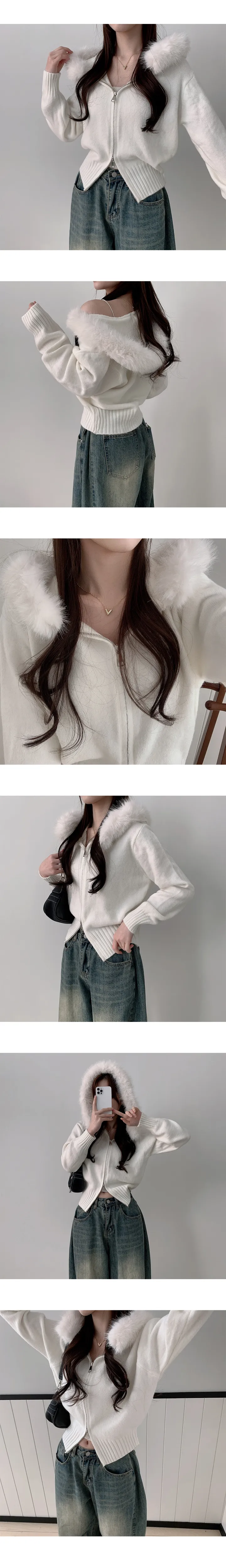 [부들부들촉감/고퀄리티] 샤루 루즈핏 퍼 후드 투웨이 니트 집업 (2color) 상세 이미지 15