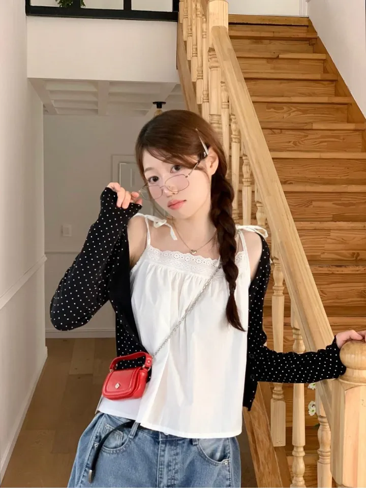 [도트가디건🖤]아떼 여리핏 도트 패턴 코튼 브이넥 롱슬리브 크롭 물결 가디건 3color 상세 이미지 23