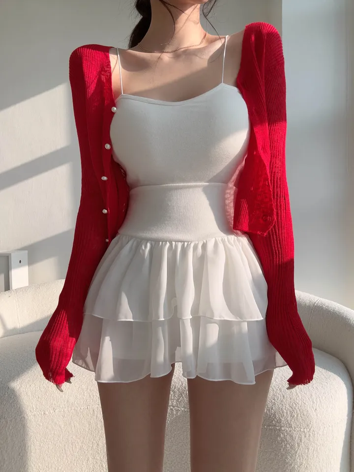 (8color) 【여리여리-!】 수채화 슬림핏 시스루 롱슬리브 진주 버튼 부클 가디건 상세 이미지 18