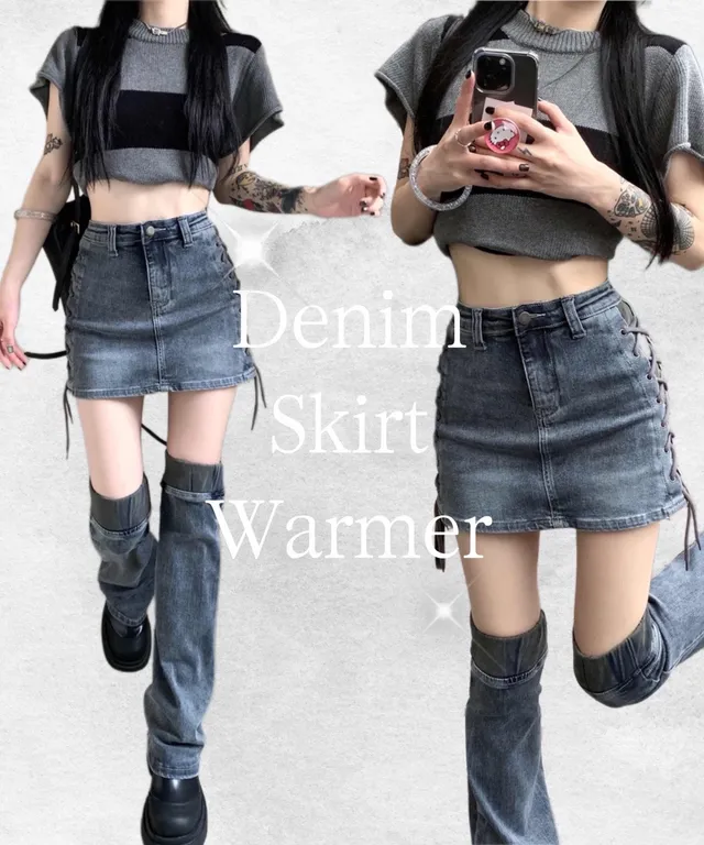 [y2k,유니크] 아일렛 코르셋 스판 데님 스커트 워머 세트
