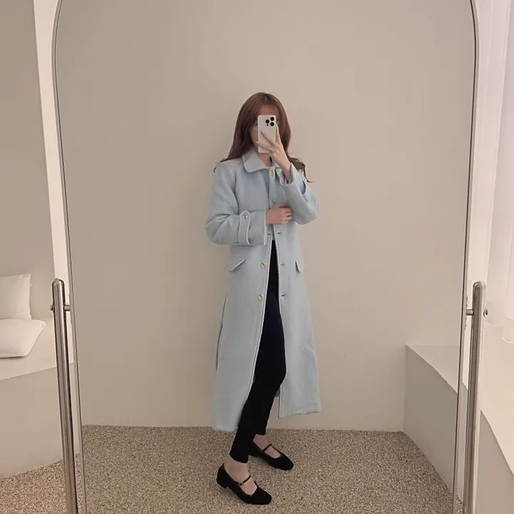 하이넥 부클 뽀글이 파스텔 허리 슬림 벨트 맥시 싱글 롱코트(3color)크리스마스룩 연말룩 상세 이미지 12