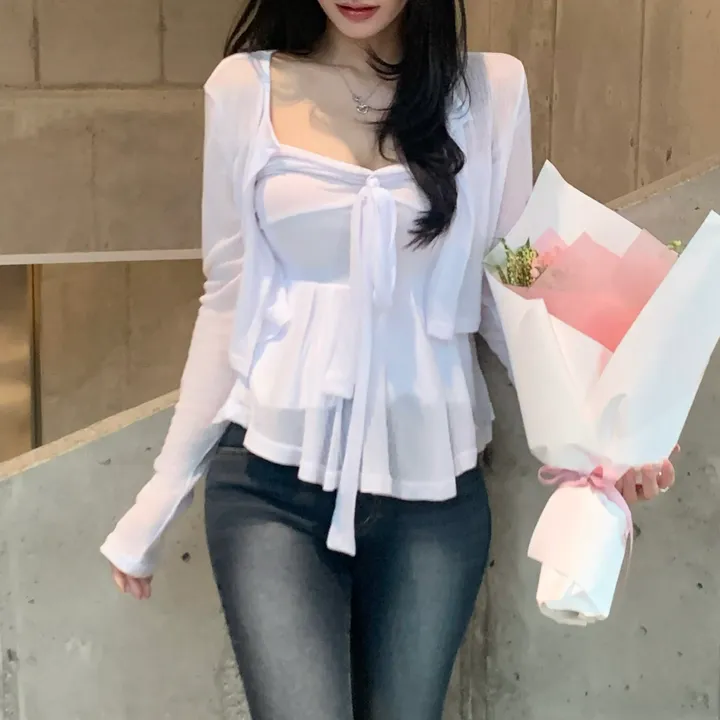 청순여신룩🪽[찰랑-여리핏/*set] lovin’ ribbon tie shirring sleeveless cardigan set | 러빈 리본 타이 셔링 나시 가디건 세트 상세 이미지 11