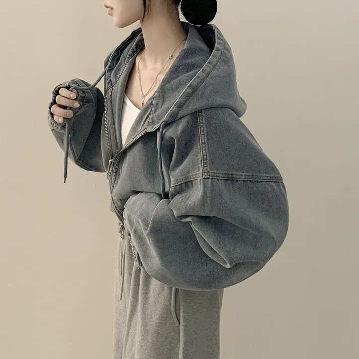[왕박시/아방핏✨] 데님 빅후드 투웨이 청자켓 후드집업 숏점퍼 연청 흑청 개강룩 캠퍼스룩 빅사이즈 상세 이미지 11