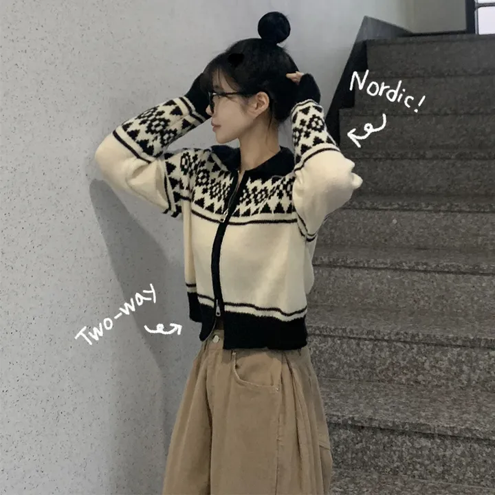 [노르딕🩶] 자가드 투웨이 배색 카라 니트집업 크롭가디건 상세 이미지 7