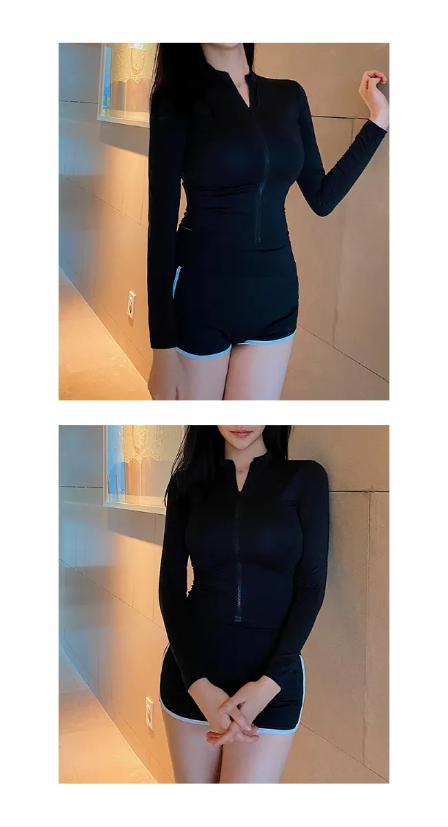 [주문폭주] 플레인 실내 비치웨어 스윔웨어 집업 긴팔 래쉬가드 수영복(아이보리/블랙) 상세 이미지 14