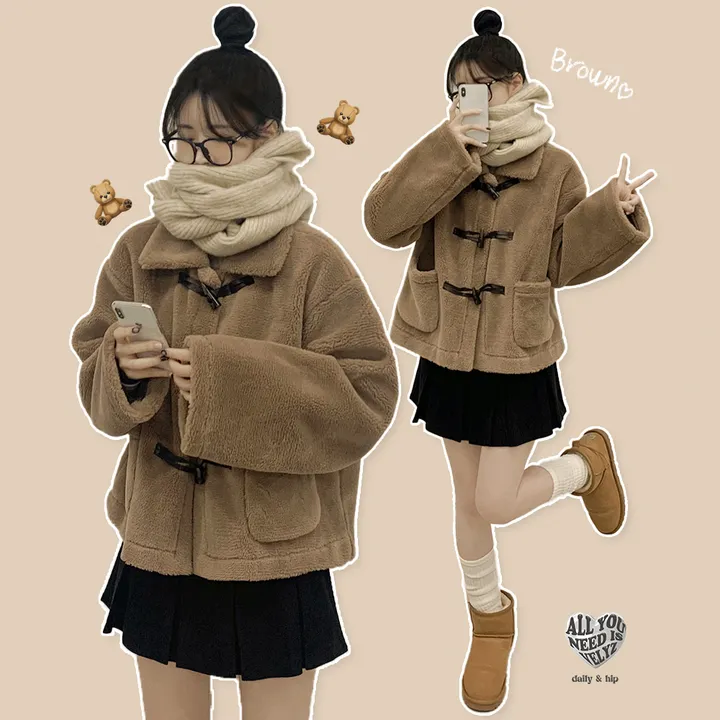 [귀여움/아방핏🧸] 도톰포근~ 양털 뽀글이 떡볶이 더플 자켓 테디베어 숏코트 상세 이미지 2