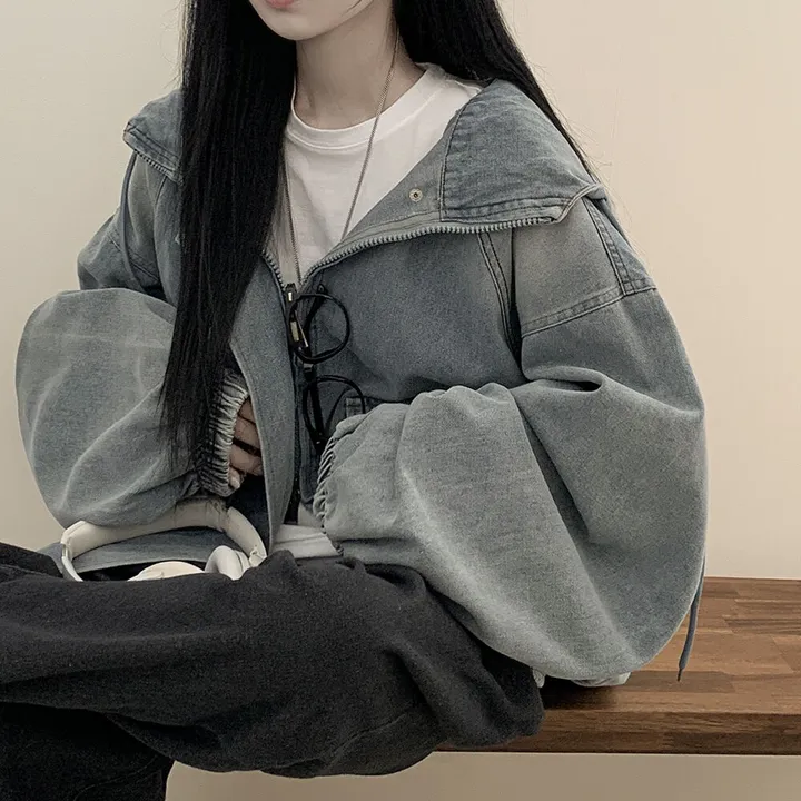 [남여공용/왕오버핏] 데님 투웨이 빅후드 오버핏 워싱 벌룬 청자켓 점퍼 연청 흑청 상세 이미지 10