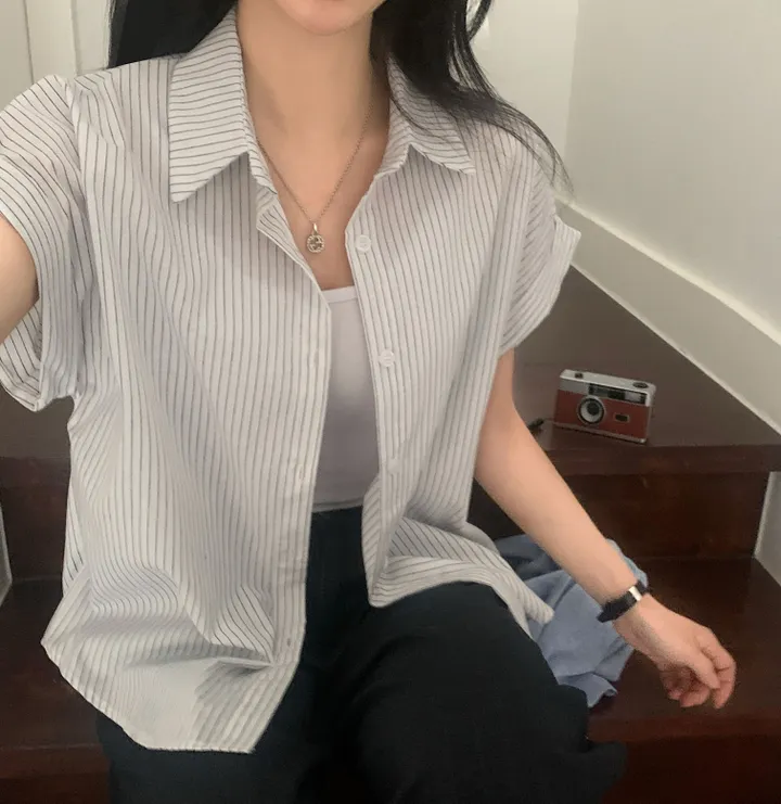 [빈티지🤍/여름셔츠] 샌드 스트라이프 루즈핏 롤업 반팔셔츠,남방 - 3color 상세 이미지 10