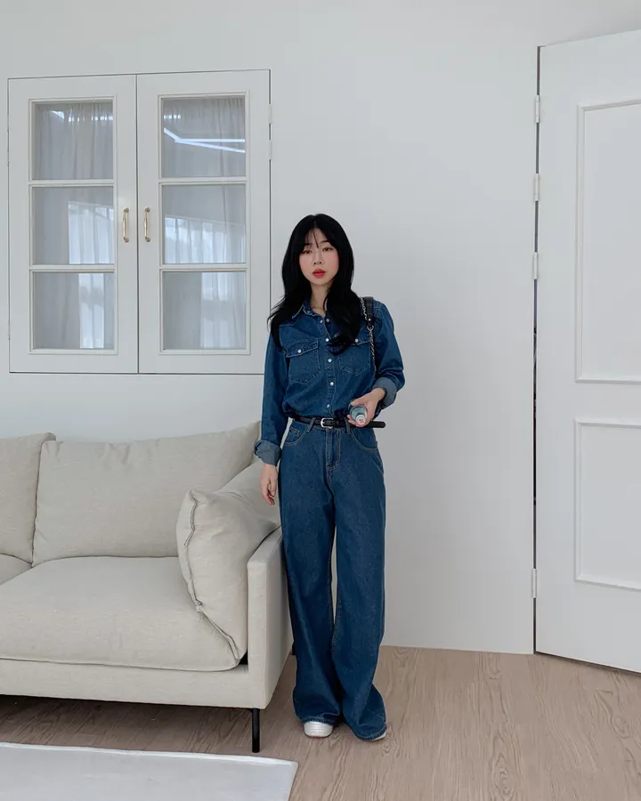 [하이퀄✨데님set] 2컬러/ 데님셔츠+와이드 데님팬츠 투피스 세트 /S.M.L 상세 이미지 8