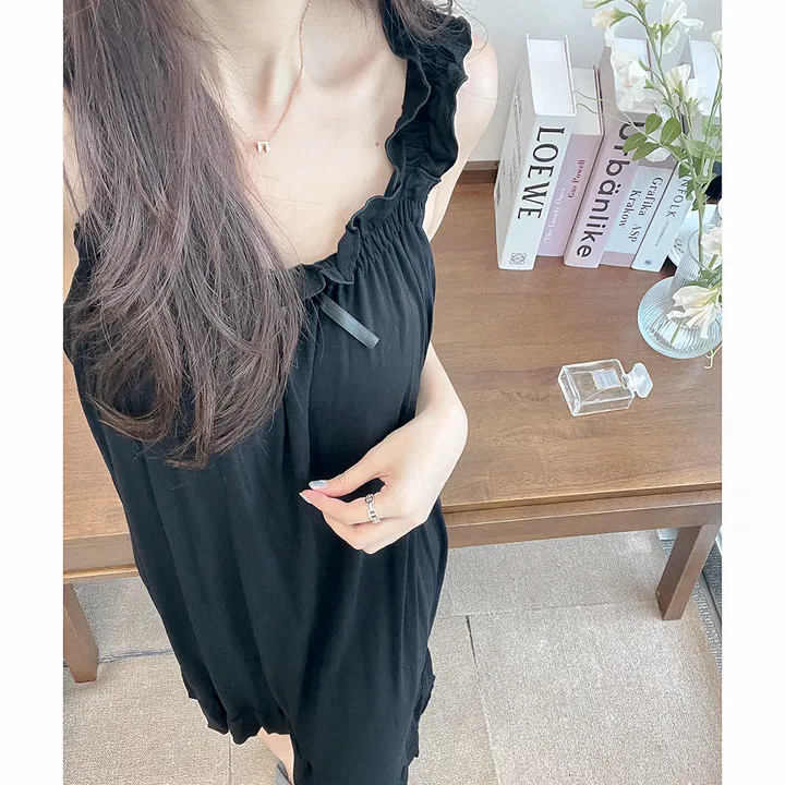 [봄할인/캡내장/진짜부들부들해요!] #B.Night 찰랑 프릴 민소매 심플 나시 파자마 잠옷 롱원피스 블랙&그레이 2 color #3003 상세 이미지 13