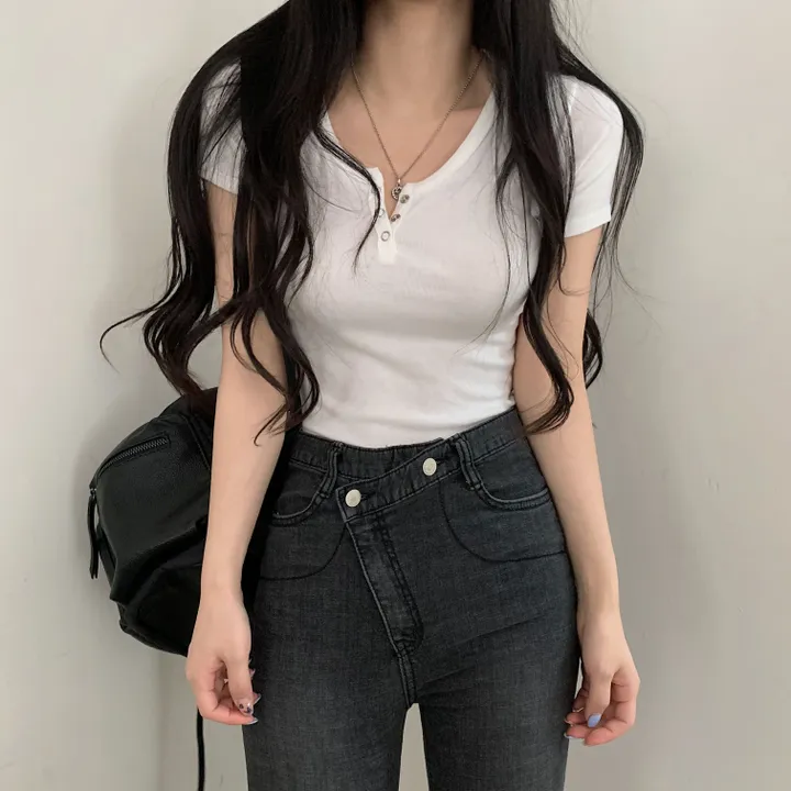 [겨드랑이노출X] 똑딱이 단추 쫀쫀 반팔티셔츠;8col 상세 이미지 12