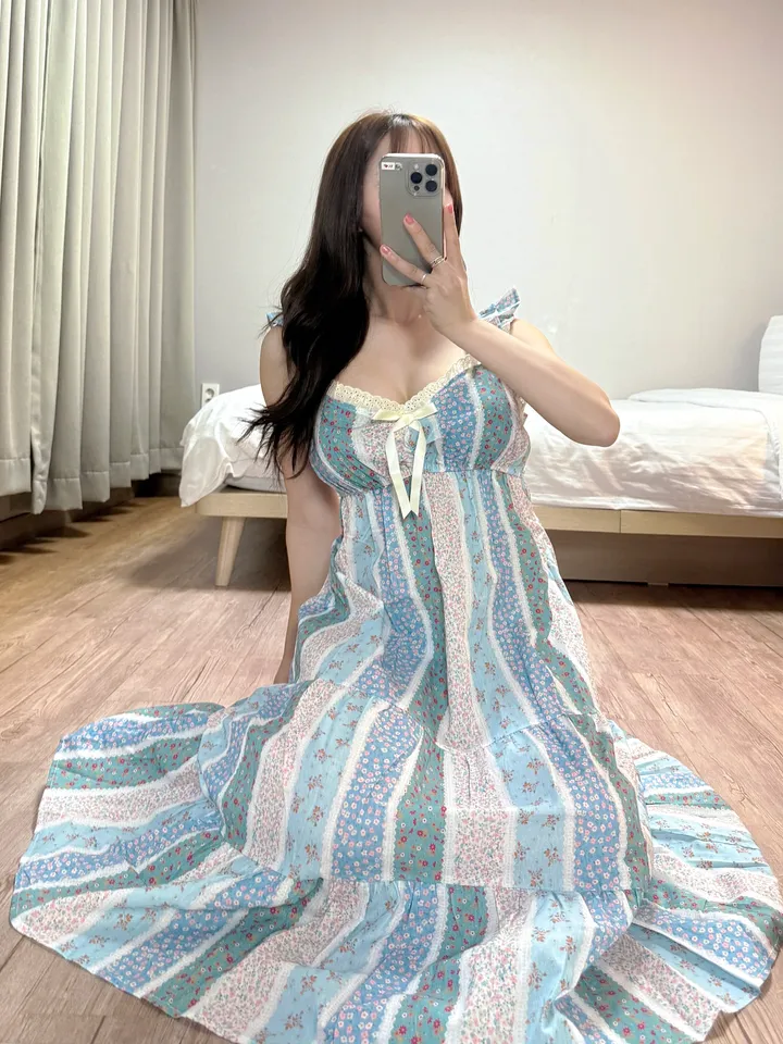 애순이홈웨어🍊🧡 잠옷 파자마 홈웨어 원피스 면 바캉스 롱원피스 공주잠옷 프릴나시원피스 촌캉스 민소매 2color 상세 이미지 7