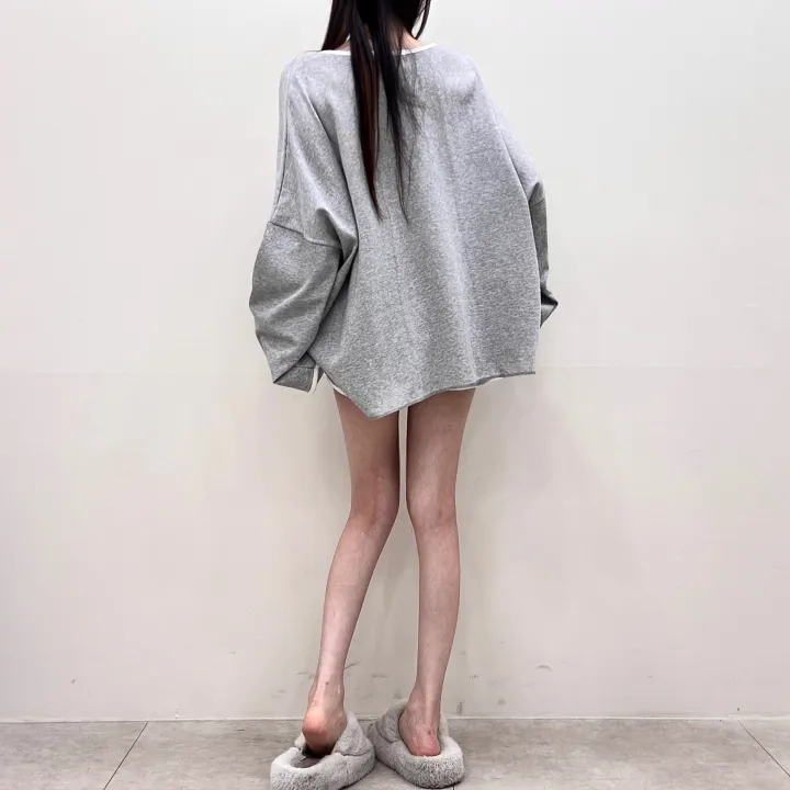 [여름까지/여리루즈핏] 밴티 나염 배색 라인 입술넥 오버핏 긴팔 티셔츠+밴딩 하이웨스트 돌핀 숏팬츠 투피스 트레이닝 세트 3color 상세 이미지 9