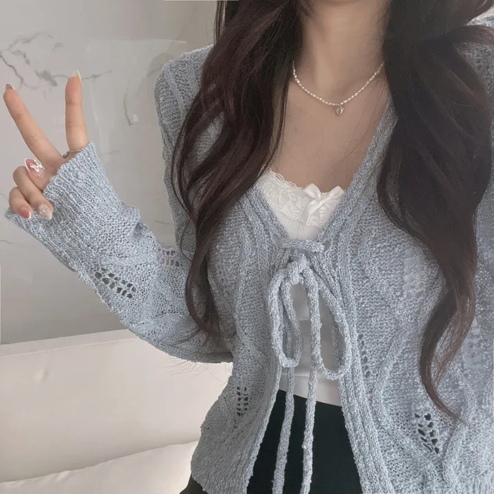 [주문폭주🤍/그물템💕/끈제거가능!] 베일리 그물 니트 리본 가디건 상세 이미지 6