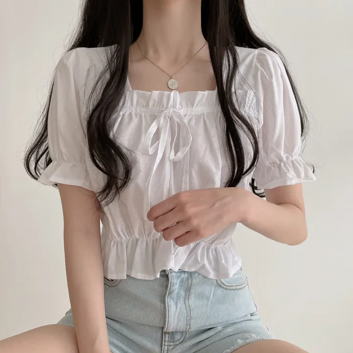 (4color) 여름기분 리본 퍼프스타일 반팔 블라우스 상세 이미지 5