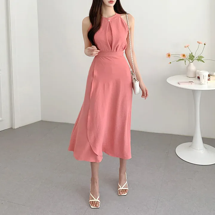 [블라우스+스커트set❤] 무드 홀터넥 나시 민소매 블라우스 랩 롱스커트 휴양지룩 투피스 세트 / 바캉스룩 하객룩 데이트룩 소개팅룩 파티룩 리조트룩 상세 이미지 7