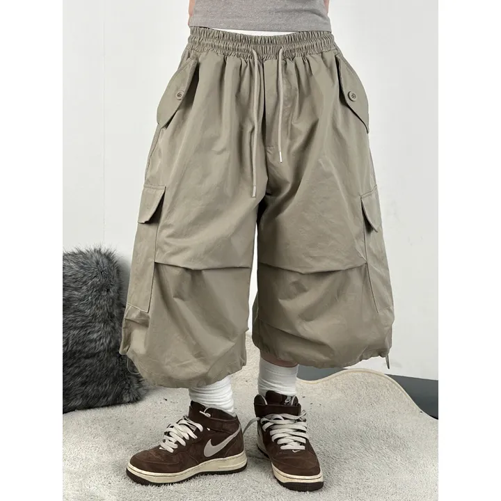 ★BEIGE 4/25 출고예정★[UNISEX]더블 포켓 커버 포인트 유니크 핀턱 카고 코튼 루즈 스트링 버뮤다 하프 팬츠(4color) 상세 이미지 11