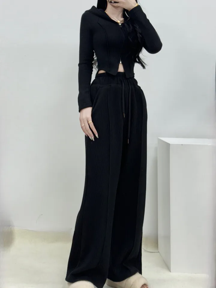 [*세일러후드/몸매보정*] 핏보장 인기폭주 꾸안꾸 쫀쫀 스판 딱붙 골지 언발 크롭 옆트임 밑단굴림 절개 후드집업+하이웨스트 와이드 팬츠 트레이닝 추리닝 세트 데일리 꾸안꾸 페미닌 상세 이미지 16