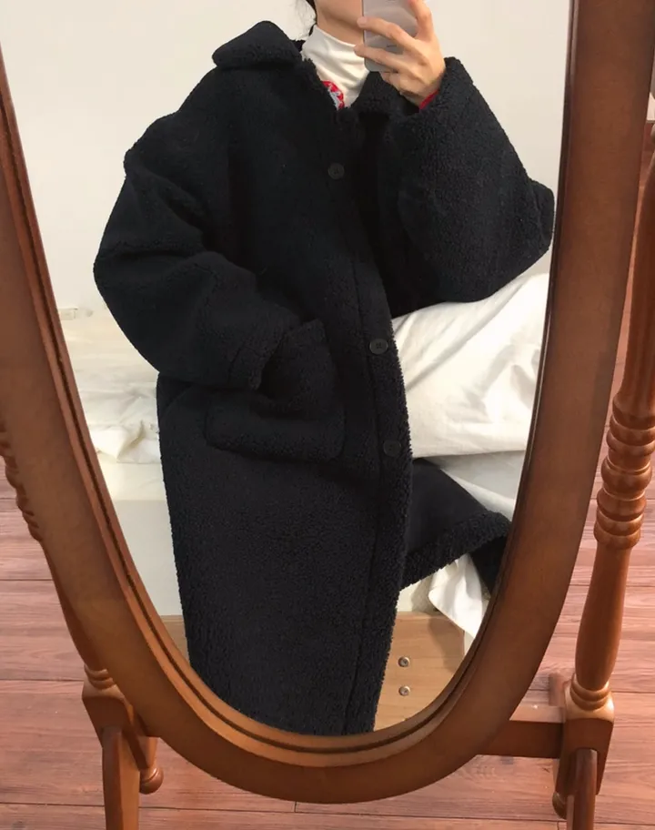 따뜻❤️뽀글이 털코트 겨울 카라 오버핏 롱코트 상세 이미지 5