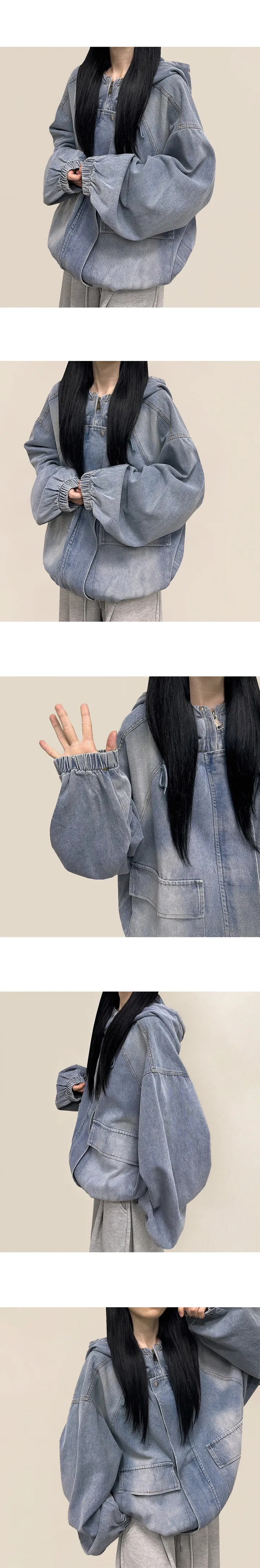 두가지버전🐰 [단독기획!] 포린 빈티지 데님 후드 투웨이 크롭/오버핏 자켓 간절기 점퍼 빅사이즈 아우터 루즈핏 오버핏 상세 이미지 10