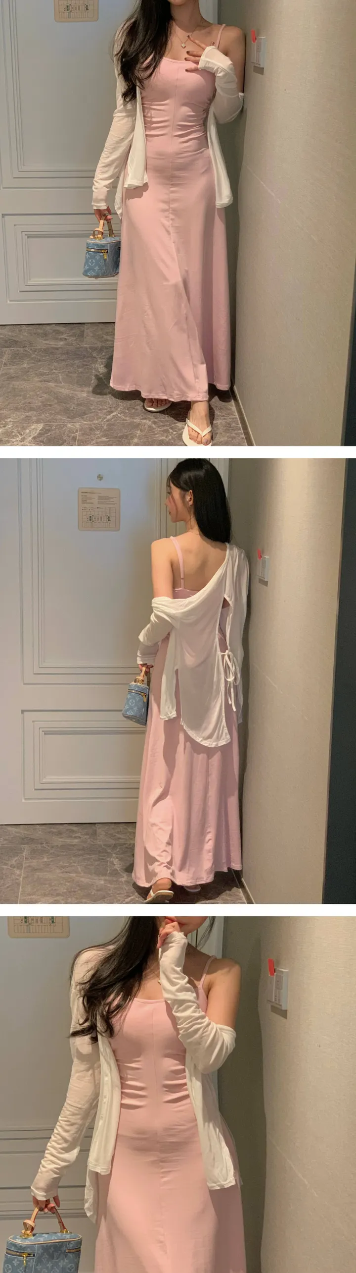 공항SET✈️[원피스+가디건세트] 캡내장⭕ 쫀쫀 스판 셔링 이너 맥시 끈 나시 롱원피스 커버업 여리 리본 백 트임 롱 언발 시스루 가디건 세트 원피스세트 상세 이미지 6